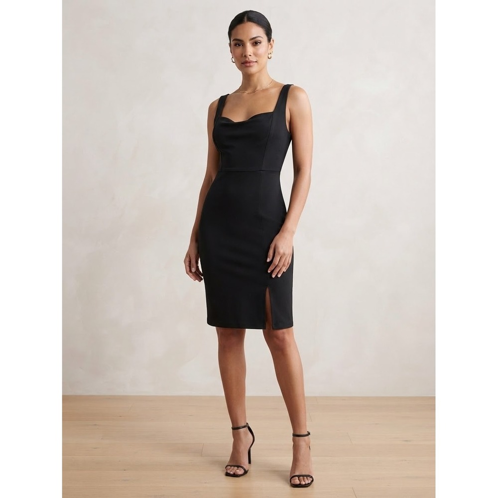 Lulus Women Dress Medium Black Bodycon Cowl Neck Front Slit Midi JD10964
